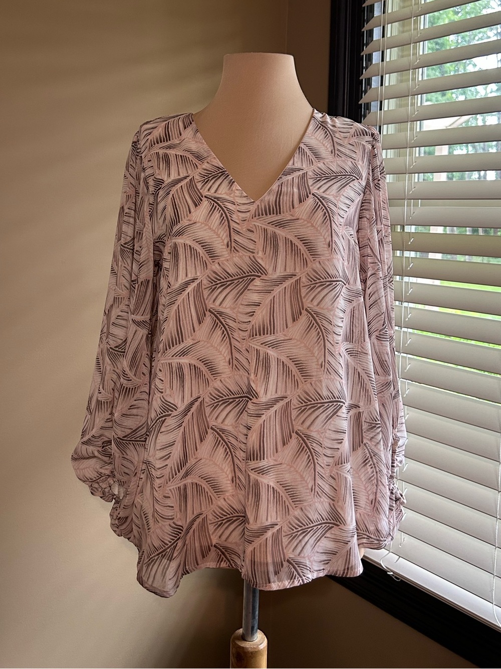 Adrienne Blush Pink Palm-Print V-Neck Blouse